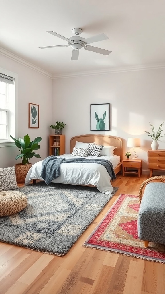 A preppy teen bedroom with layered rugs, featuring a gray patterned rug and a smaller red decorative rug.