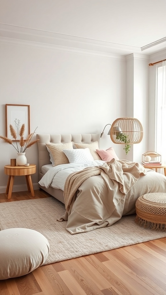 A pastel bedroom featuring soft fabrics, a cozy bed, and natural materials.
