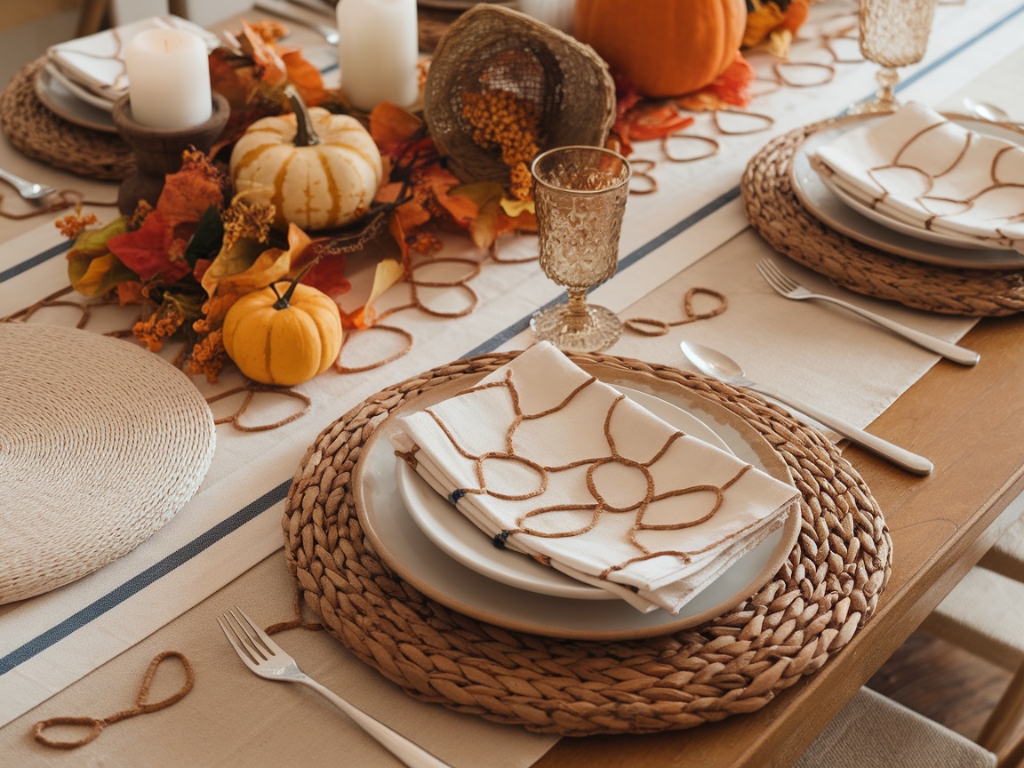 Thanksgiving table setting with layered linens, white pumpkin centerpiece, candles, and floral arrangements.