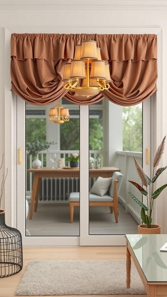 Layered window treatment over a sliding glass door with a ruffled valance and light fixture.