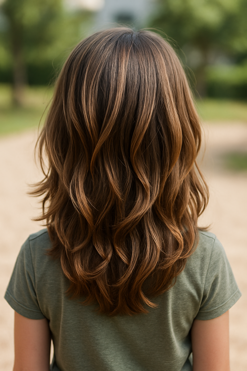 A child with layered hair and highlights, showcasing a stylish hairstyle.
