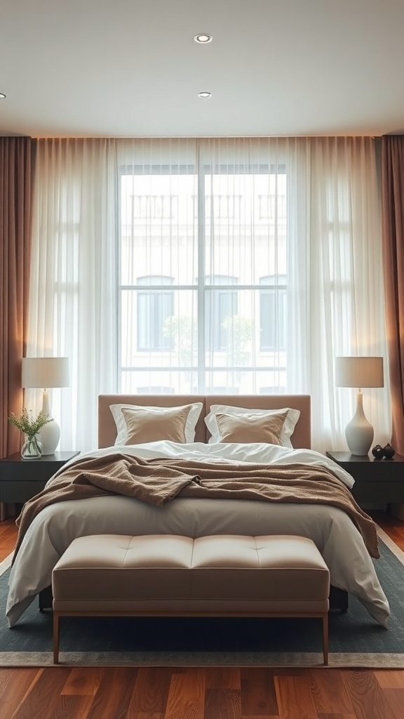 A warm bedroom featuring layered window treatments with sheer and heavier drapes, creating a cozy atmosphere.