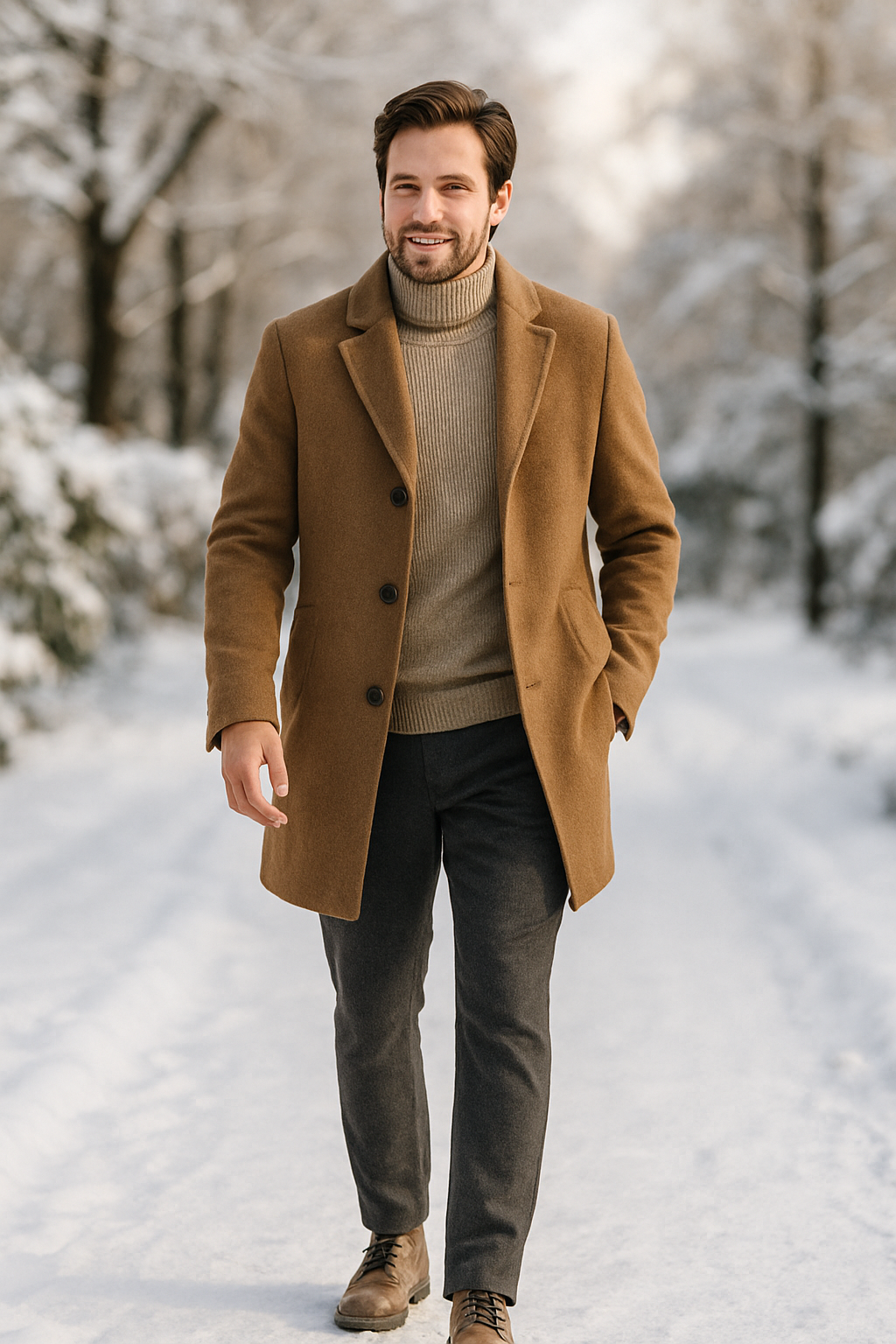 A man walking in a snowy landscape, wearing grey trousers, a beige sweater, and a brown overcoat.