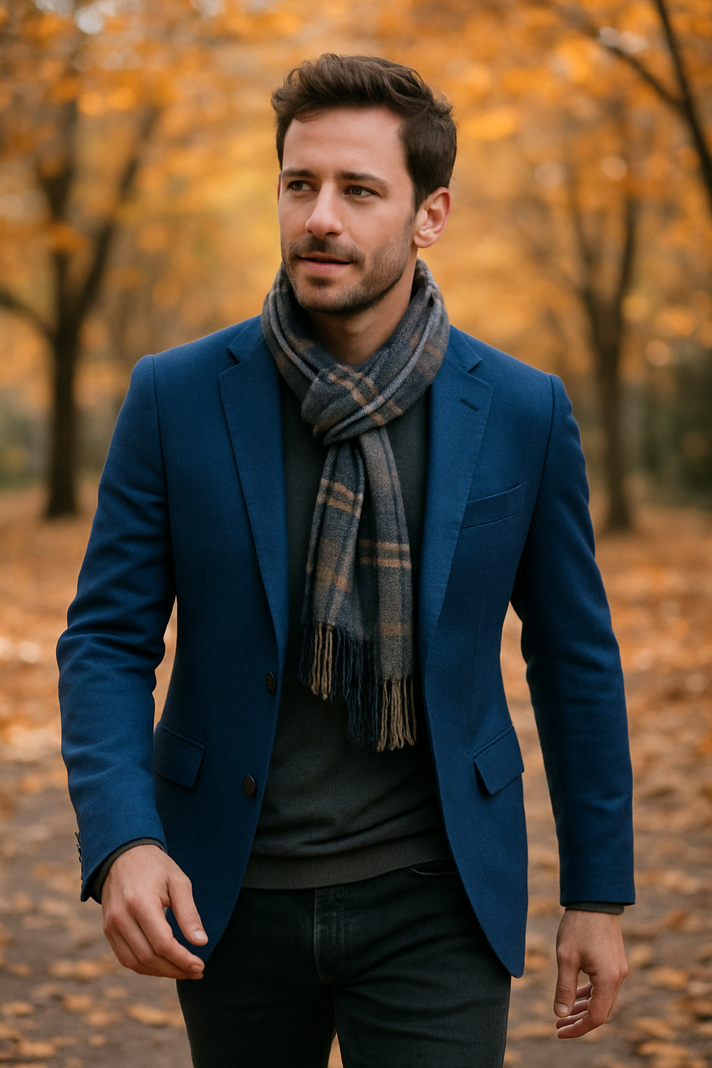 A man wearing a royal blue blazer with a plaid scarf, walking through a fall landscape.