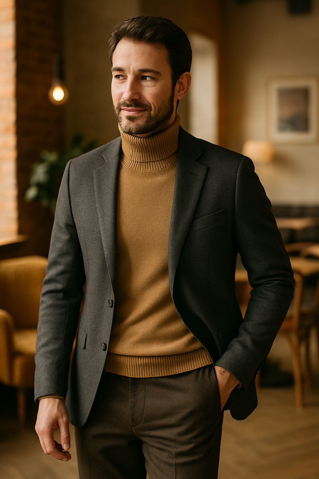 A man wearing a gray blazer over a tan turtleneck, smiling in a cozy indoor setting.