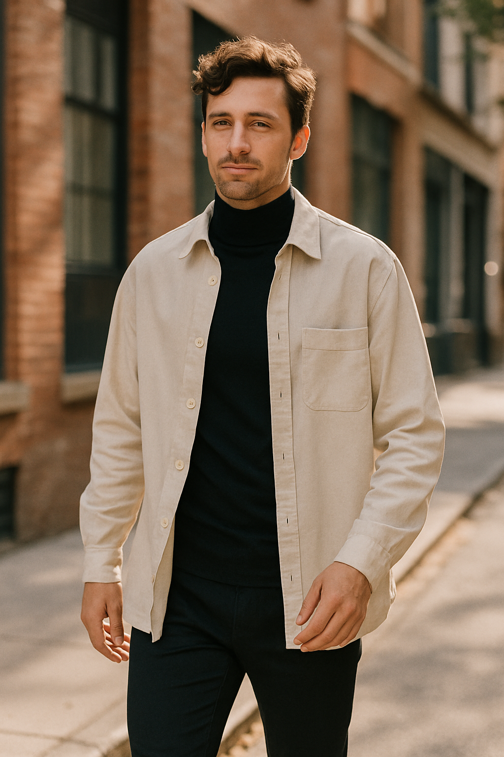 A man wearing an oversized shirt over a black turtleneck, walking down a city street.