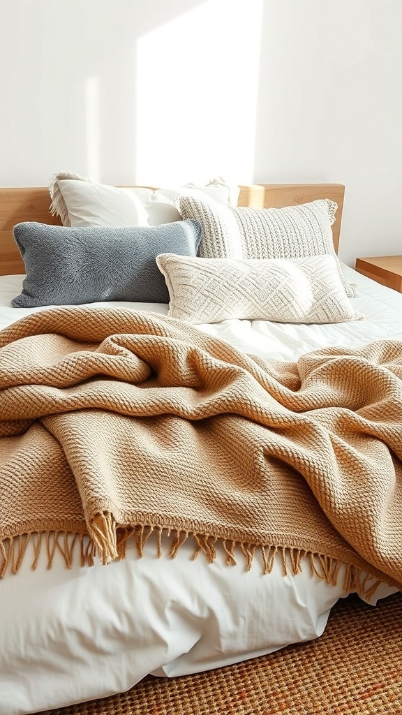A cozy bed with layered blankets and decorative pillows in soft colors.