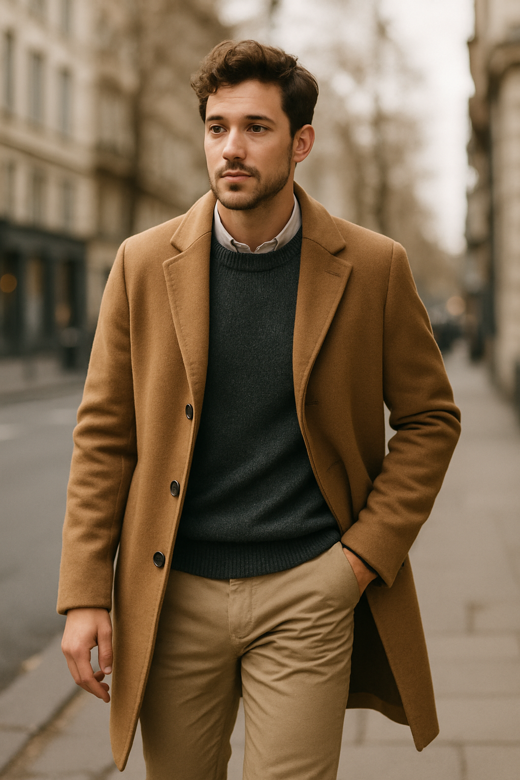 Man wearing chinos and a long coat walking on the street