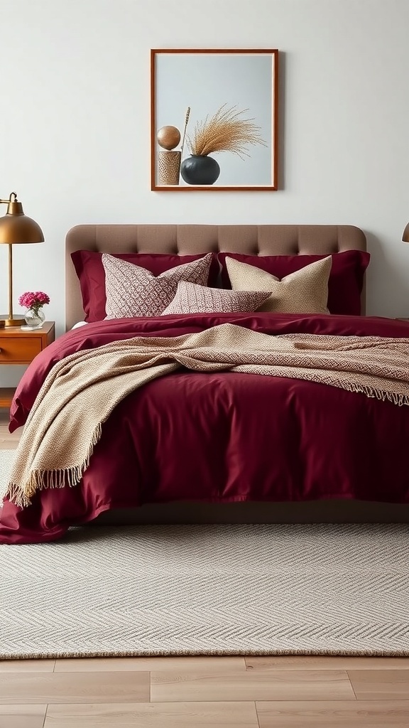 A cozy maroon bedroom featuring layered fabrics, including a maroon duvet, knitted throw, and patterned pillows.