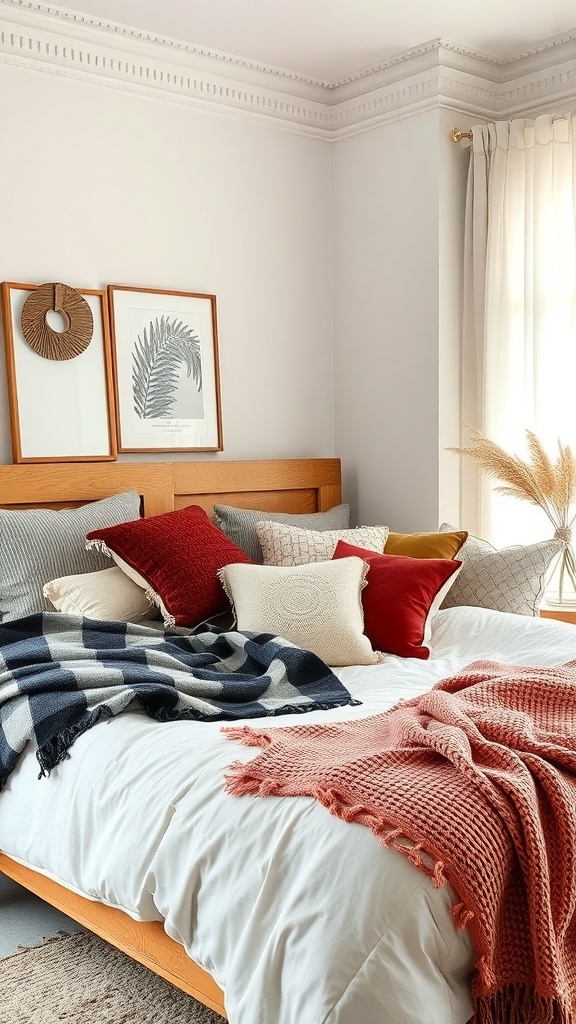 A cozy bed layered with various pillows and throws, featuring warm colors and natural decor.