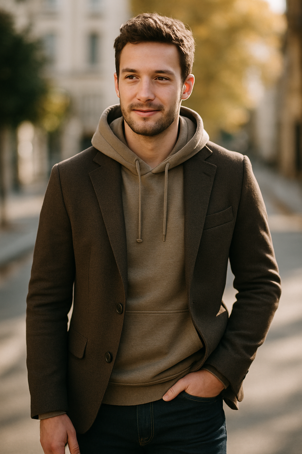 A man wearing a hoodie under a blazer, standing outdoors.