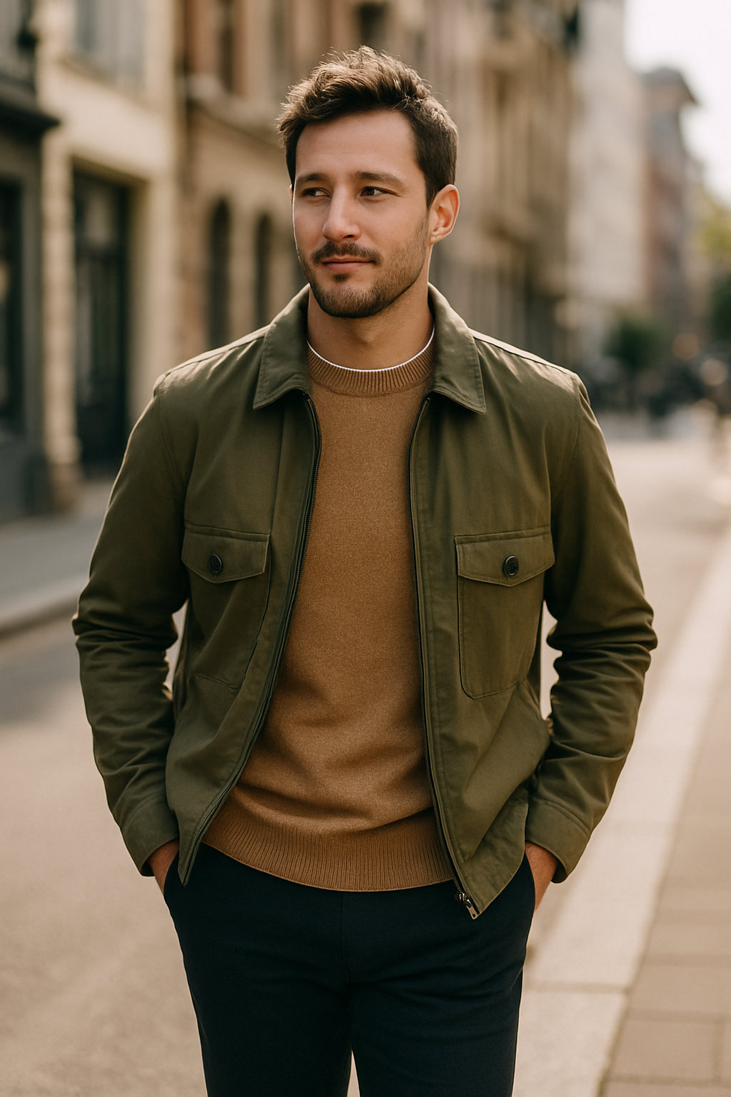 A man in an olive green jacket and beige sweater outdoors, showcasing a stylish layered outfit.