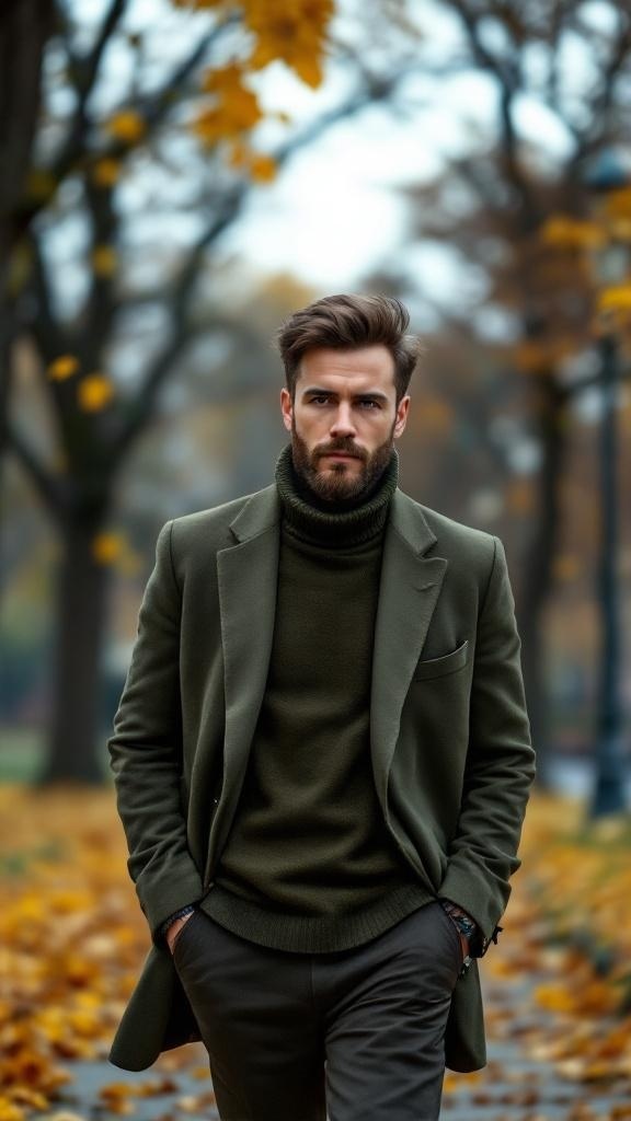 A man wearing a green blazer and turtleneck in an autumn park setting.