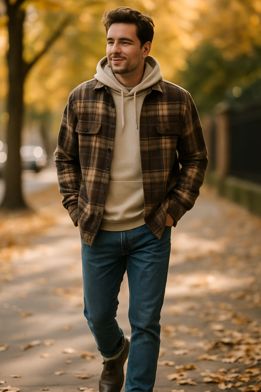 A man walking in an oversized plaid shirt layered over a hoodie, surrounded by autumn leaves.
