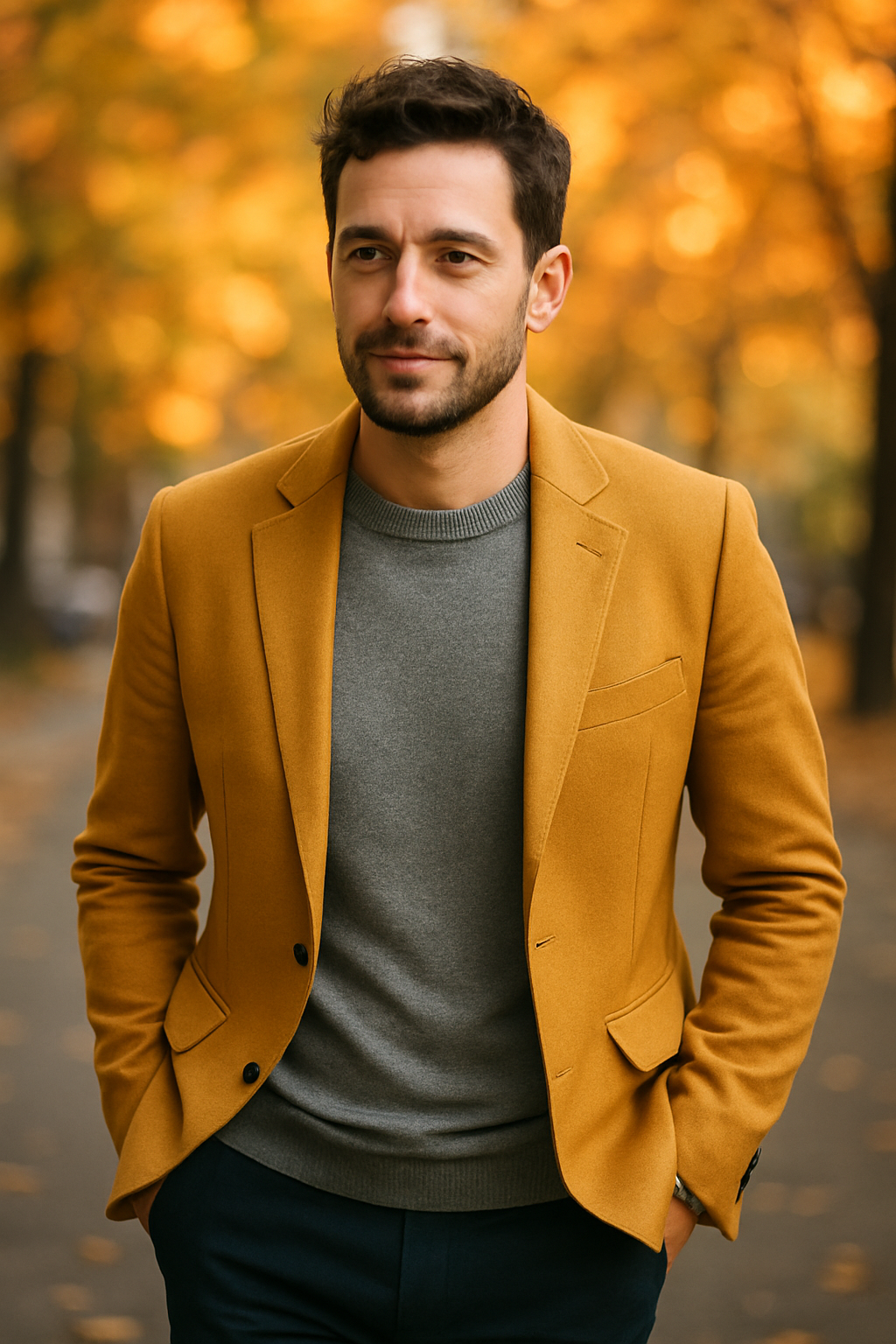 A man wearing a yellow blazer over a gray sweater, walking in a park with autumn leaves.