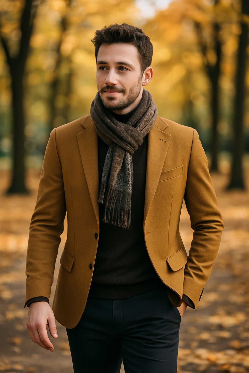 A man wearing a mustard blazer and brown scarf in a fall setting, showcasing a stylish layered look.