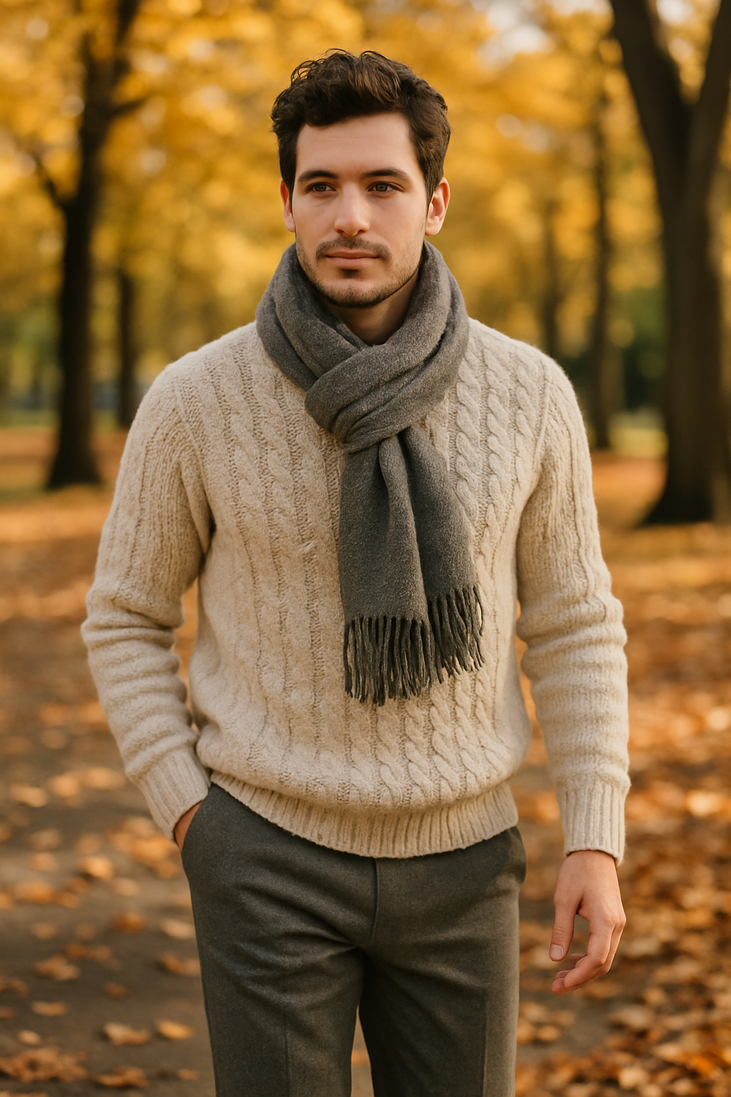A man in a cozy knit sweater and grey trousers, wearing a grey scarf, standing in a park with autumn leaves.
