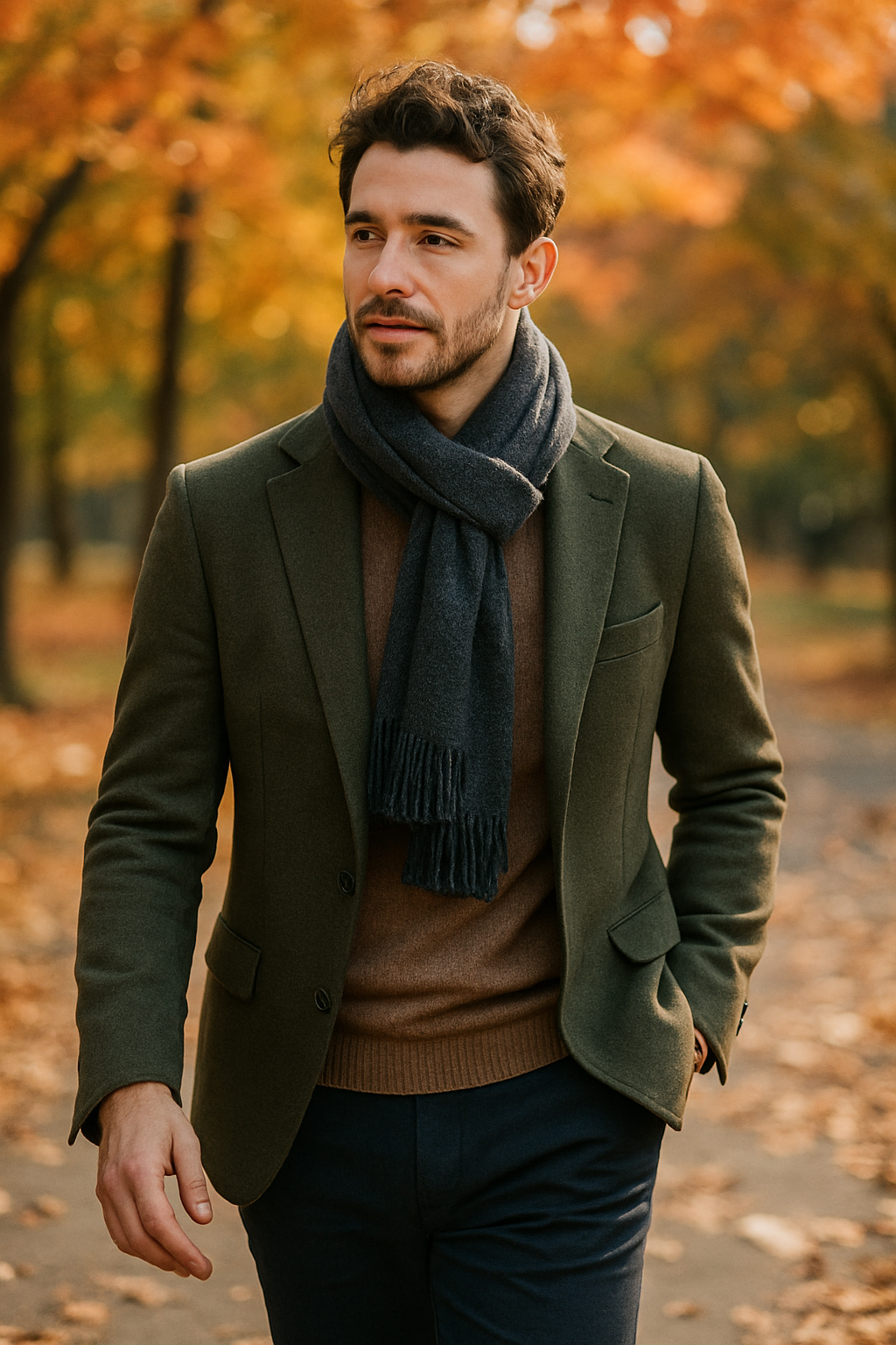 A man wearing an olive blazer, brown sweater, and dark scarf, walking in a park with autumn leaves.