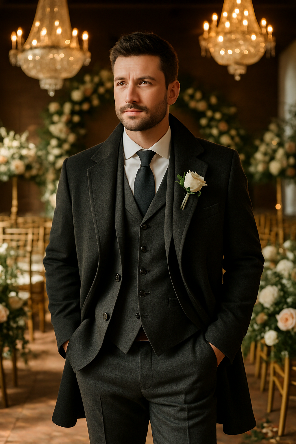 A man in a dark blazer and vest with a coat, standing in a wedding venue with floral decorations.