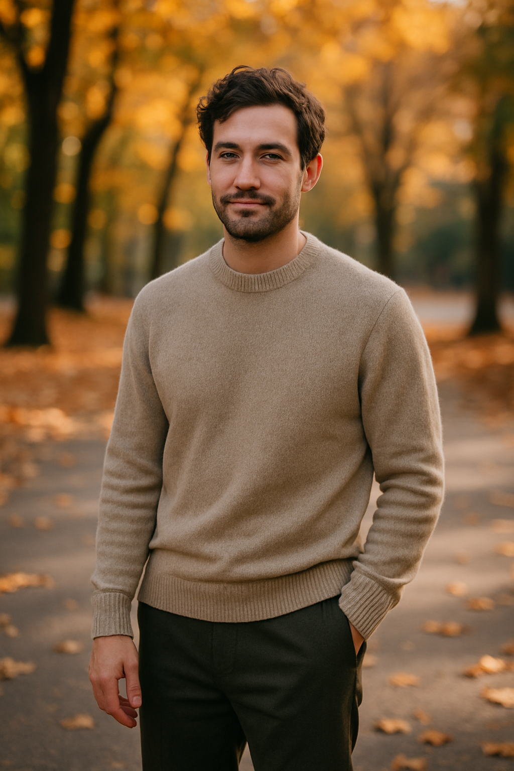 A man wearing a neutral sweater and dark slacks in an autumn setting