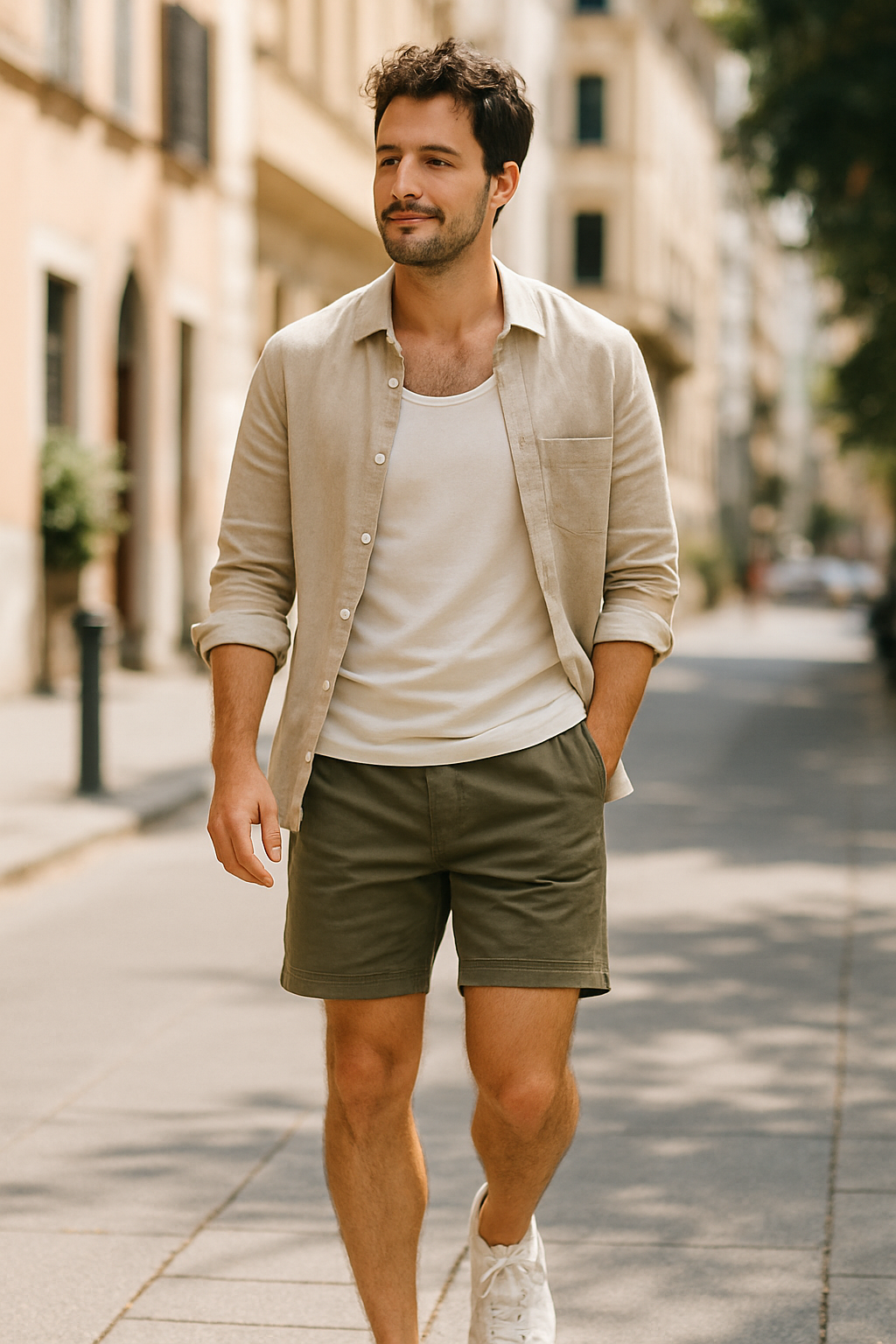 A man walking in a casual outfit consisting of a light button-up shirt, tank top, and shorts.