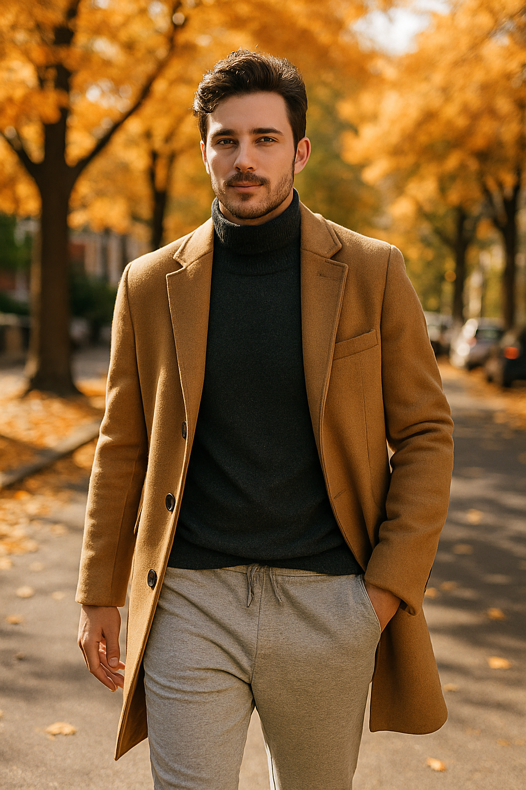 A man wearing gray joggers, a black turtleneck, and a camel coat, walking on a tree-lined street with autumn leaves.