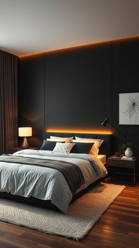 A stylish bedroom featuring a black accent wall, layered lighting, and cozy decor.