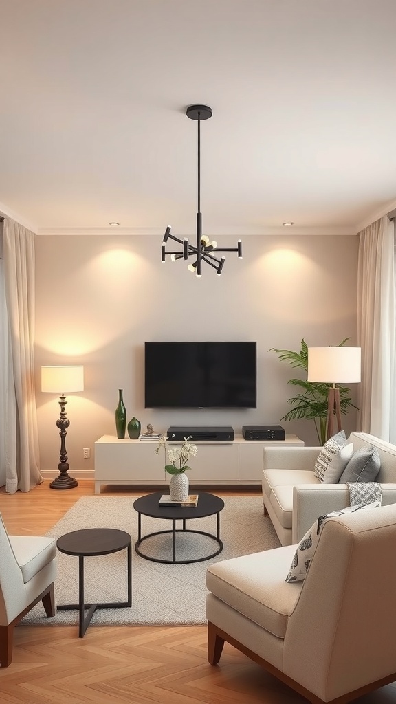 A small living room with layered lighting, featuring a modern pendant light, floor lamp, and wall sconces.