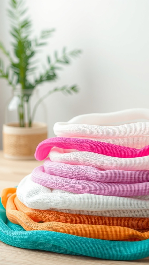 A stack of colorful deco mesh rolls in pink, white, orange, and teal.