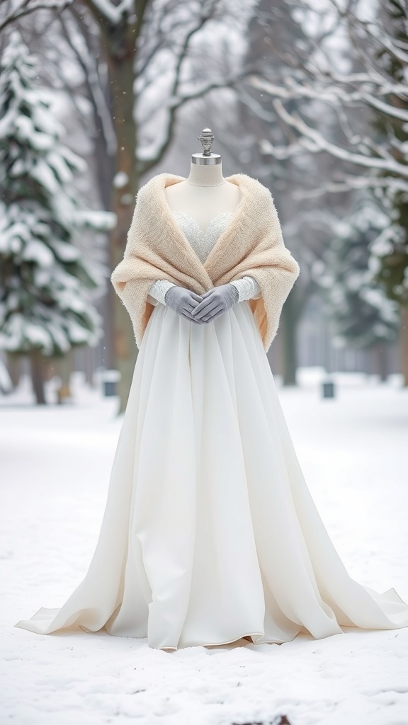A winter wedding dress displayed on a mannequin in a snowy outdoor setting, featuring a soft shawl and gloves.