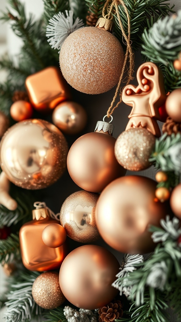 A close-up view of a beautifully layered ornament wreath featuring warm-toned ornaments.