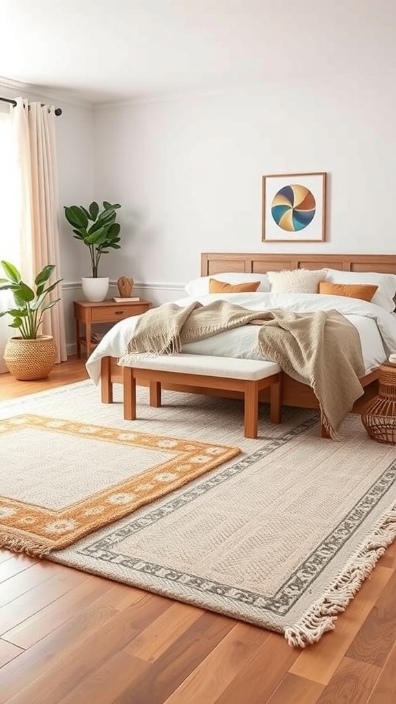 A cozy bedroom featuring layered rugs, showcasing a neutral base rug and a smaller patterned rug, with wooden furniture and plants.