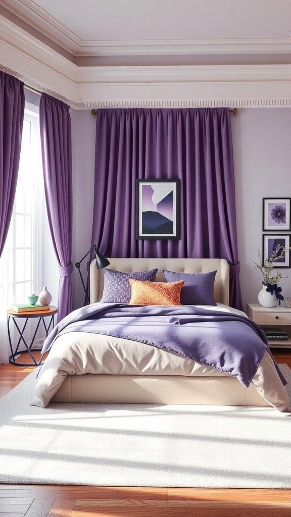A stylish purple bedroom featuring layered shades of purple in the curtains, bedding, and decor.