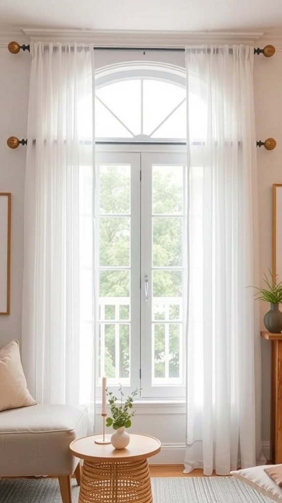 A cozy living room with layered sheer and blackout curtains framing a window.