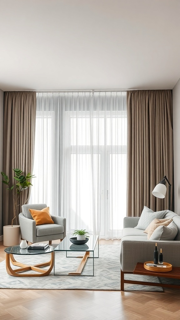 A cozy living room featuring layered sheer and drape curtains, a glass coffee table, and modern furniture.