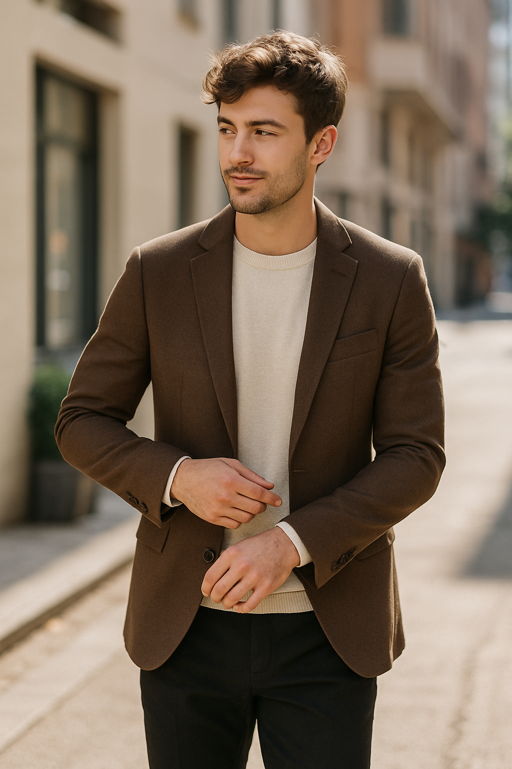 A man wearing a brown blazer over a light sweater, standing in an urban setting.