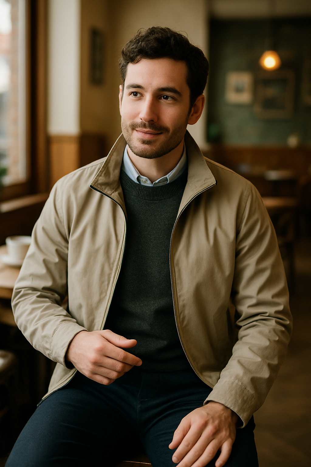 A man wearing a trench coat over a sweater and shirt, showcasing smart layering techniques.