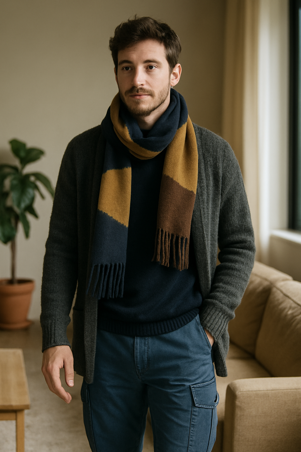 A man wearing blue cargo pants, a dark sweater, and a multi-colored scarf, standing in a cozy indoor setting.