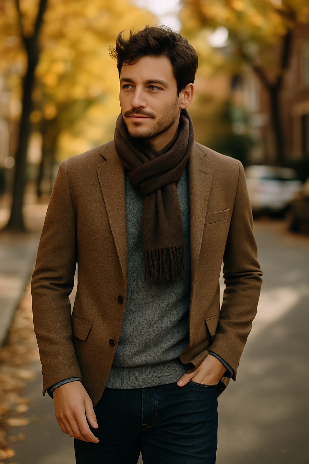 A man wearing a brown business casual blazer, gray sweater, and a brown scarf, walking on a street with autumn trees.