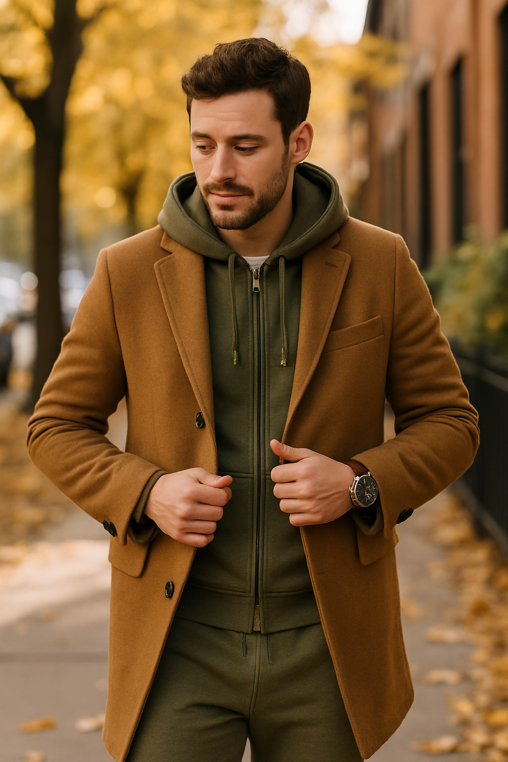 A man in a green tracksuit layered under a brown overcoat, standing outdoors with autumn leaves.