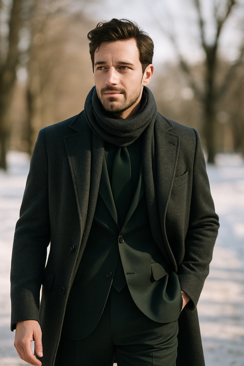 A man in a dark green suit with a scarf and long coat, walking in a snowy park.