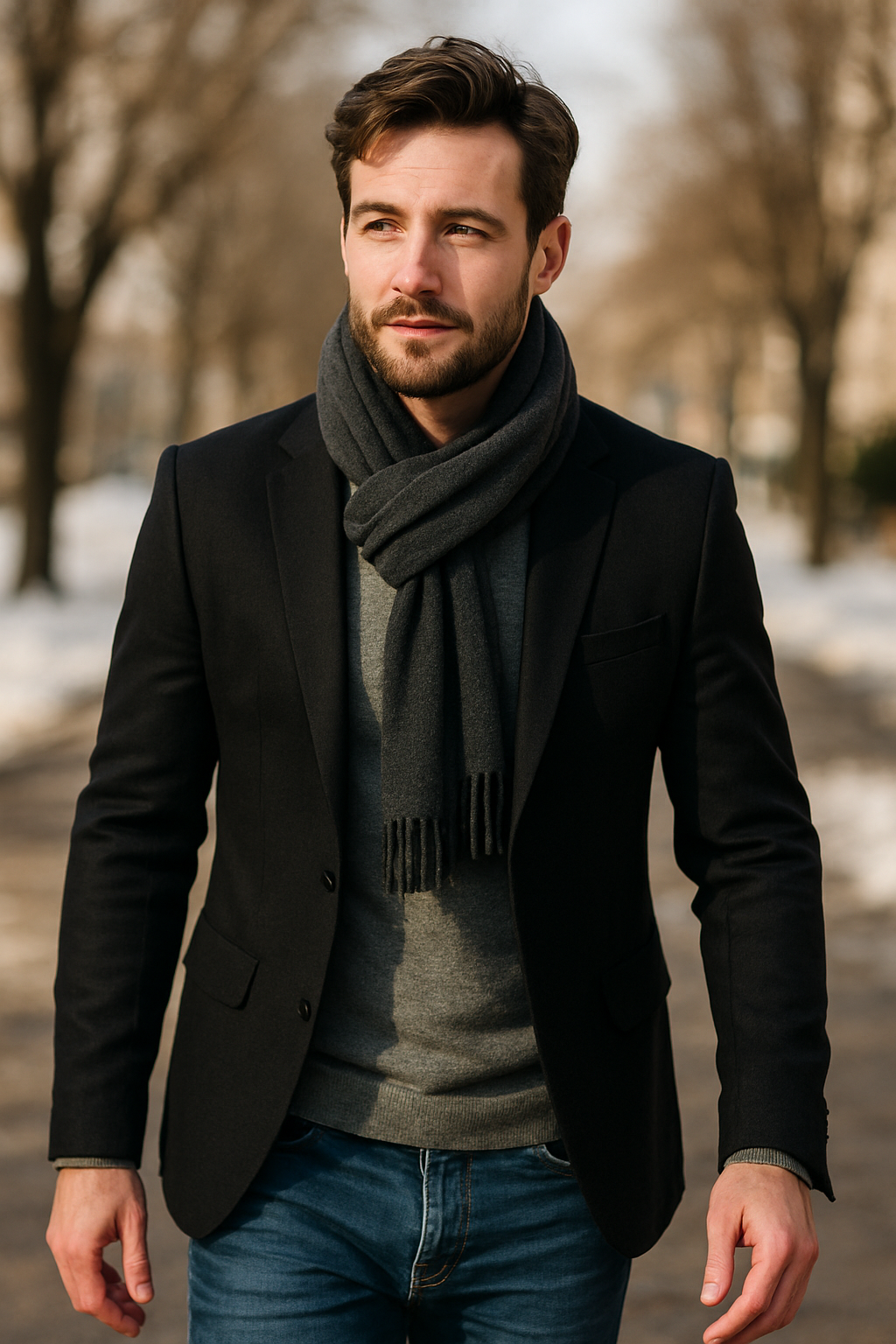 Man wearing a black blazer, gray sweater, and scarf walking outdoors in cooler weather.