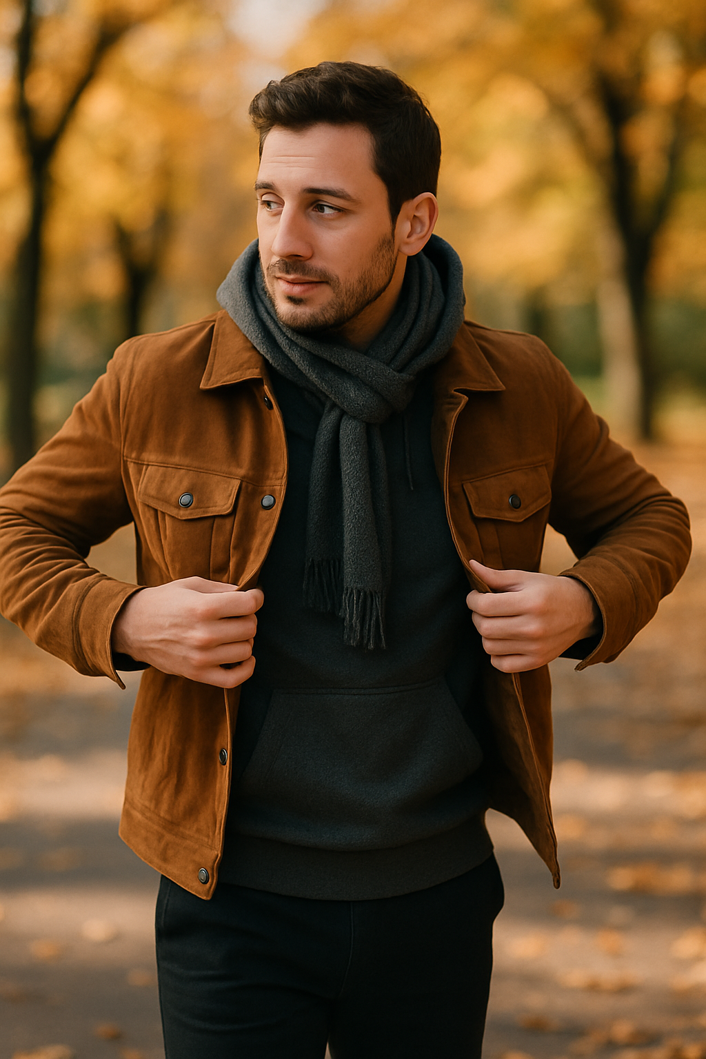 A man in a brown jacket, gray hoodie, and scarf, standing in a park with autumn leaves.