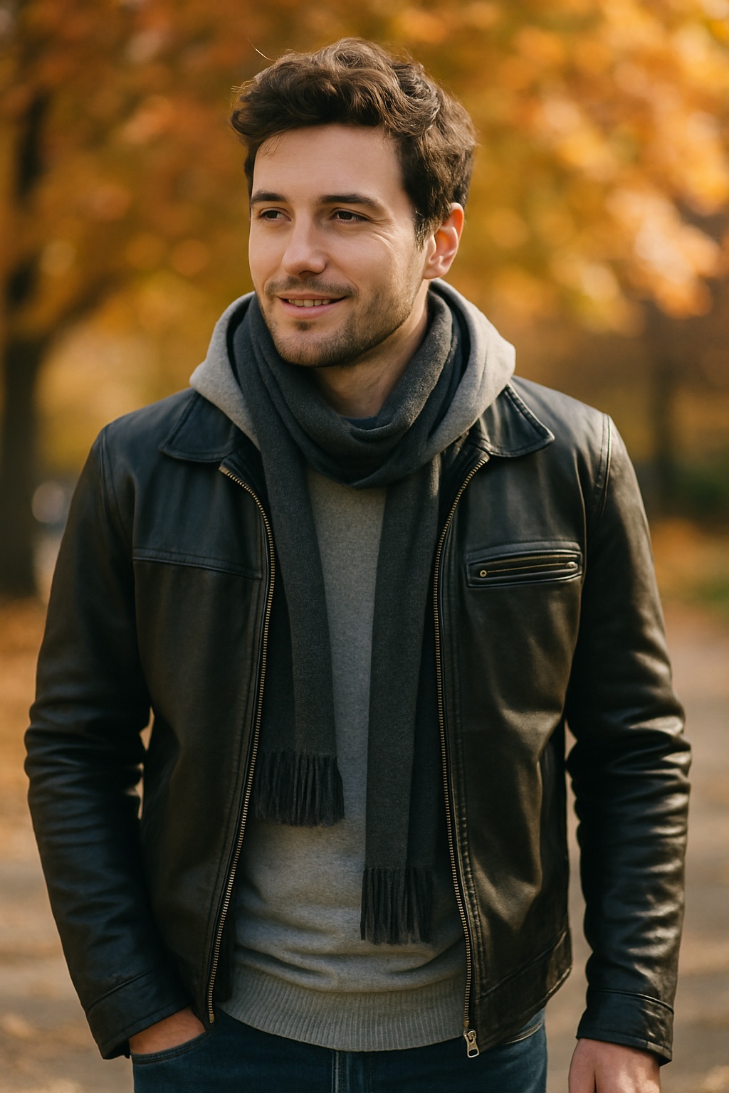 A man wearing a leather jacket, gray hoodie, and scarf, smiling outdoors in fall.