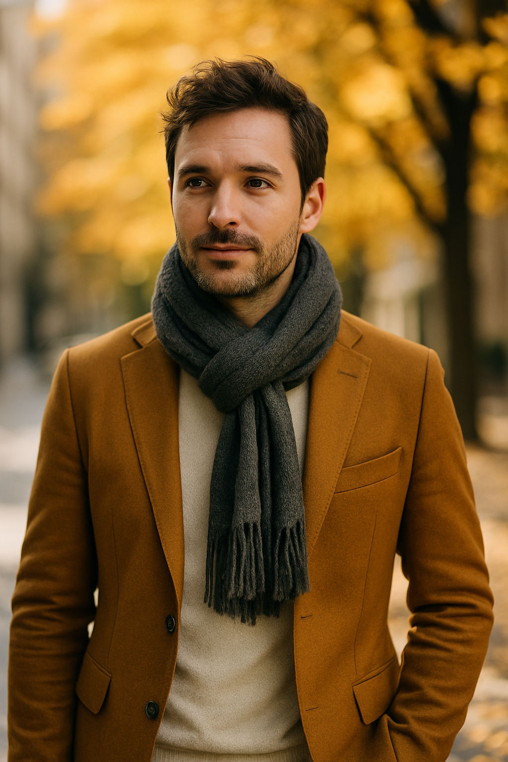 A man wearing a mustard blazer and gray scarf, standing outdoors with autumn leaves in the background.