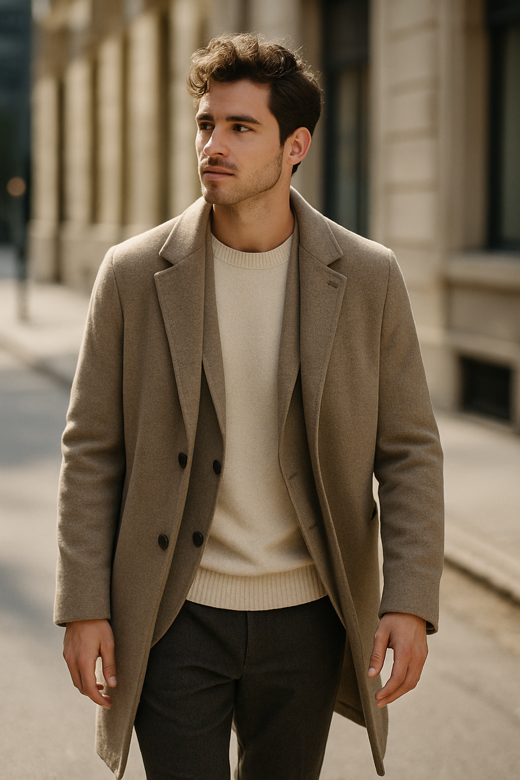 A man dressed in a minimalist fashion look featuring a light sweater layered under a stylish overcoat.
