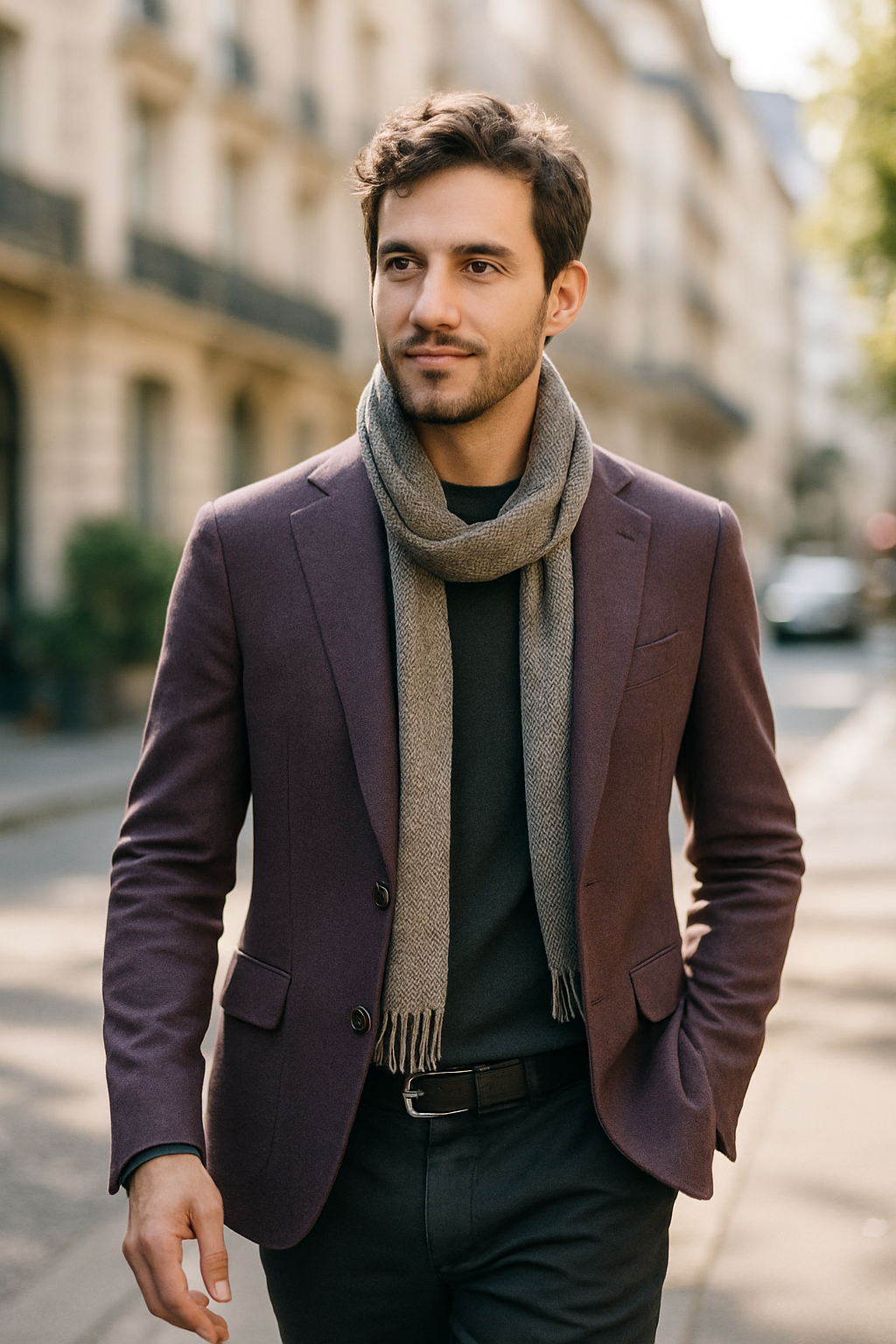 A man wearing a purple blazer, dark sweater, and scarf, walking on a city street.