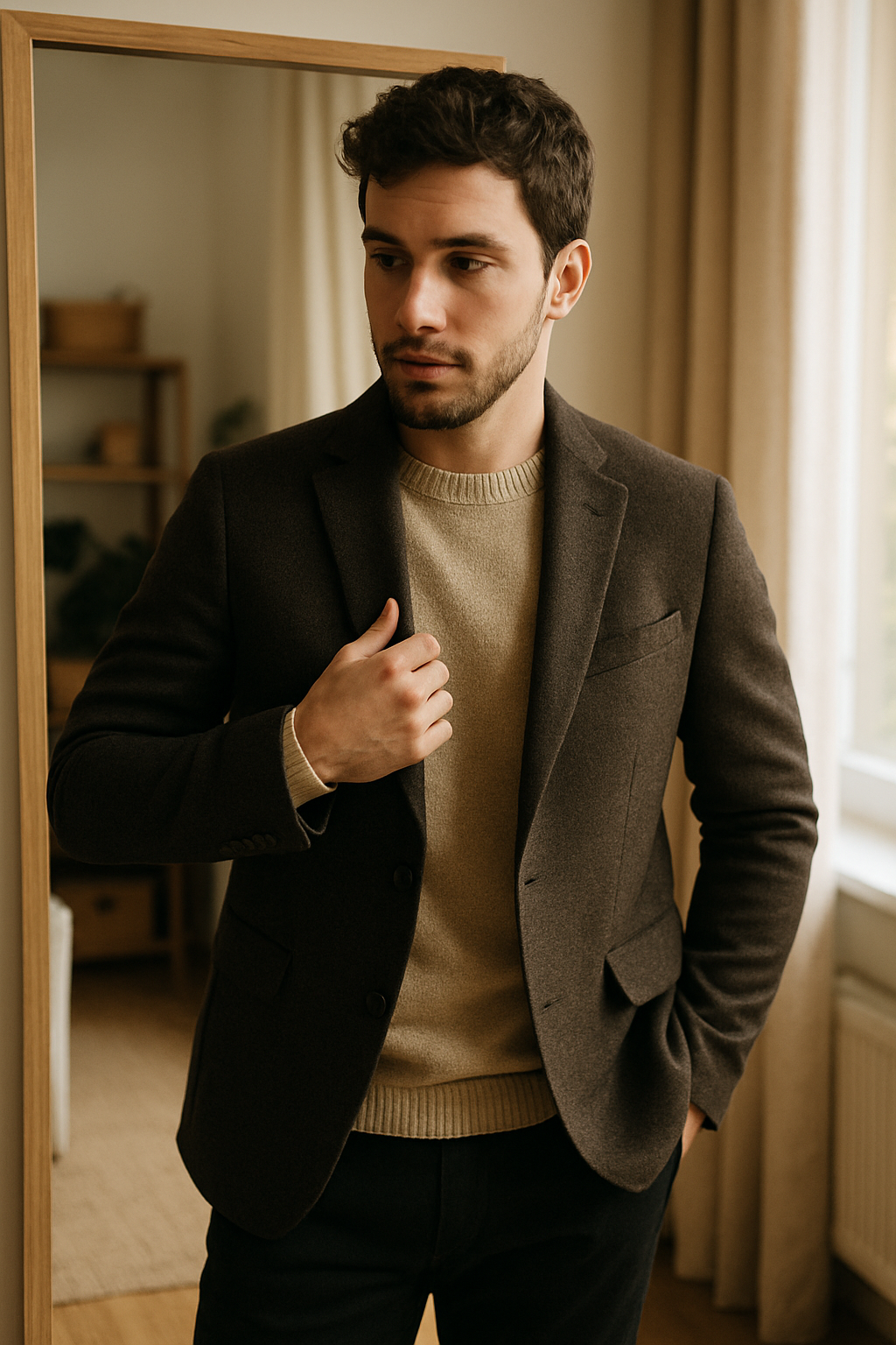A man wearing a brown blazer over a beige sweater, looking stylish in a well-lit room.