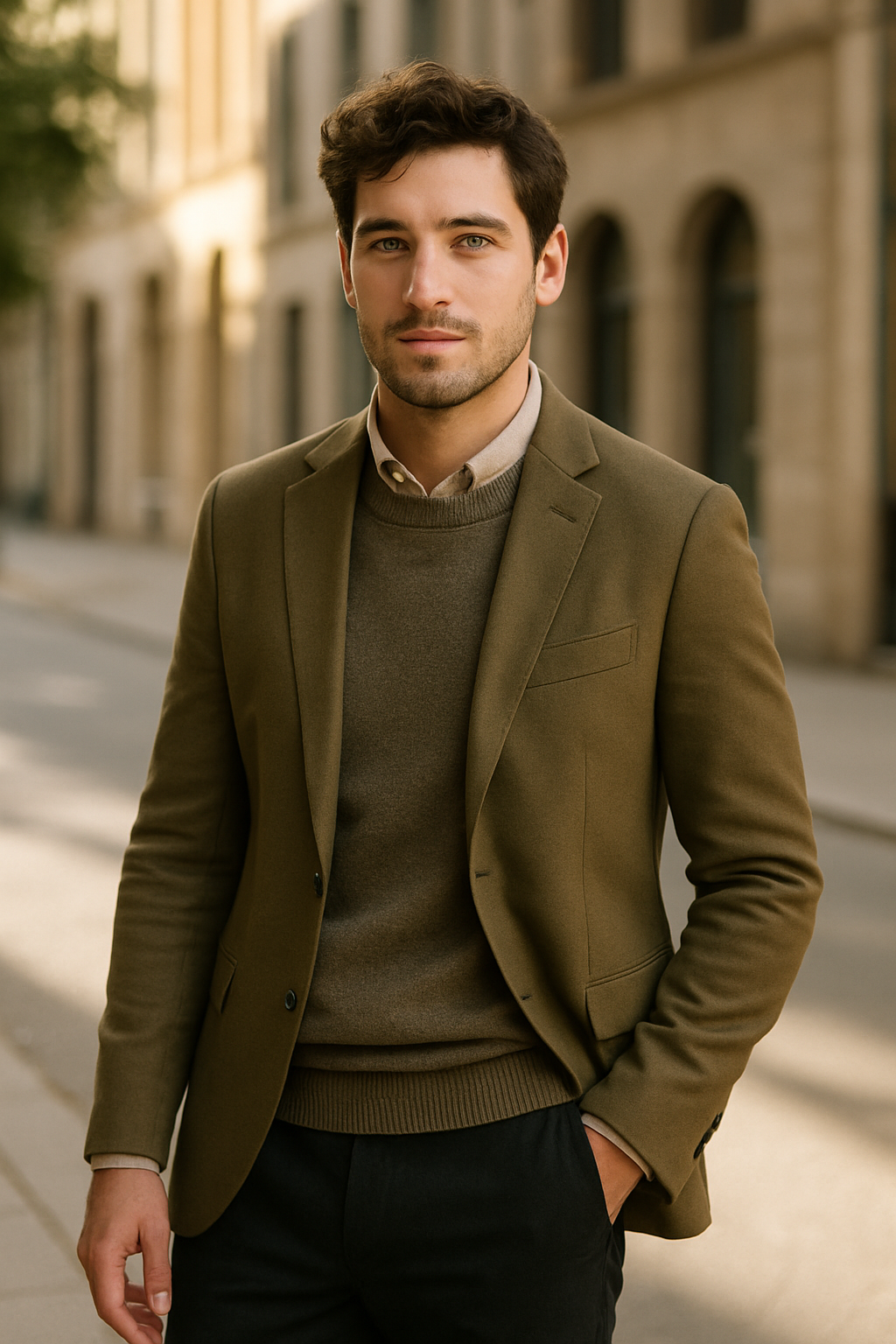 A man wearing a khaki blazer over a sweater and collared shirt, looking stylish in an outdoor setting.