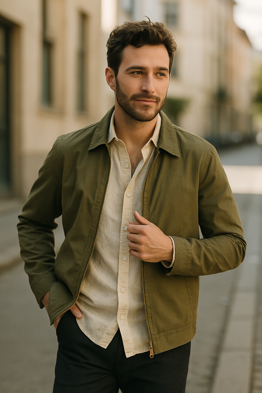A man wearing a light linen shirt with an olive green jacket, standing on a city street.